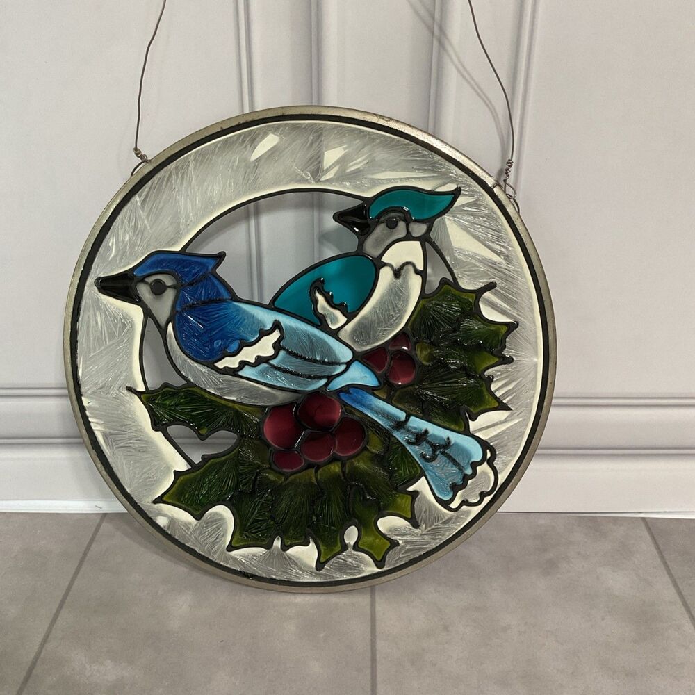 Stained glass. Suncatcher. Blue Jay Bird. Window Art. Vintage.